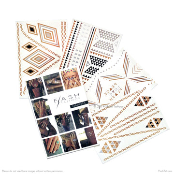 Flash your festive side with the Dakota collection. Four sheets with over 43 bold metallic gold, silver and black temporary tattoos!
